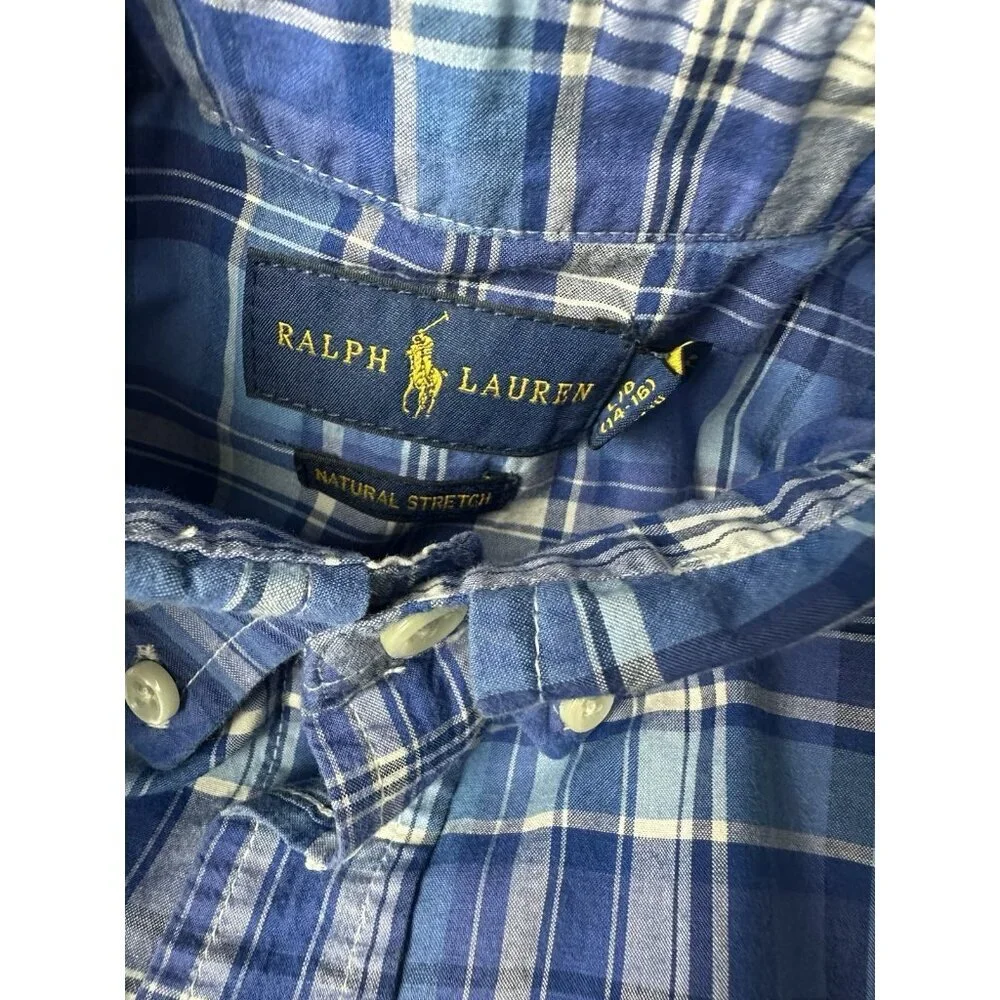 Ralph Lauren Performance Plaid Button-Down Shirt - Blue Kid's Size L 14-16